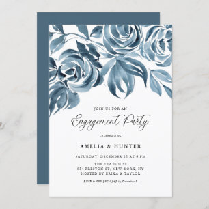 Invitation Bleu Aquarelle d'hiver Roses d'engagement