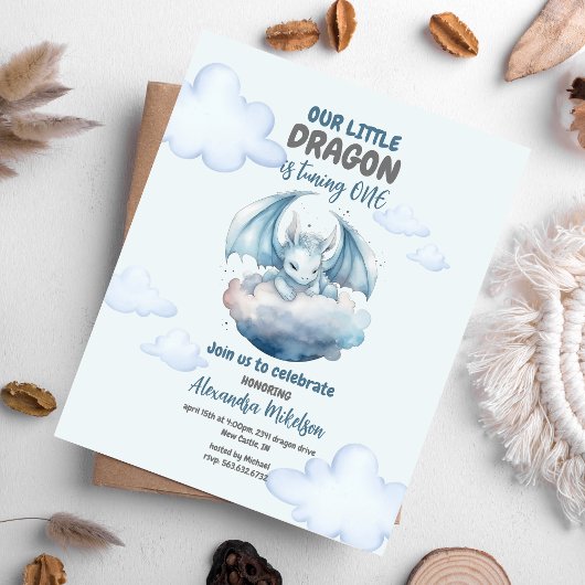 Invitation Bleu Aquarelle Dragon Baby 1er Anniversaire