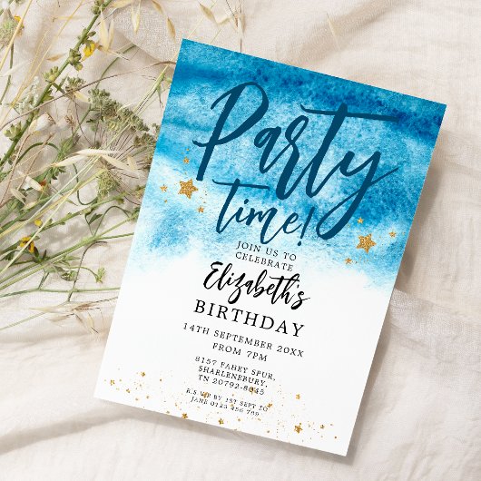 Invitation Bleu Aquarelle Fête Heure Anniversaire