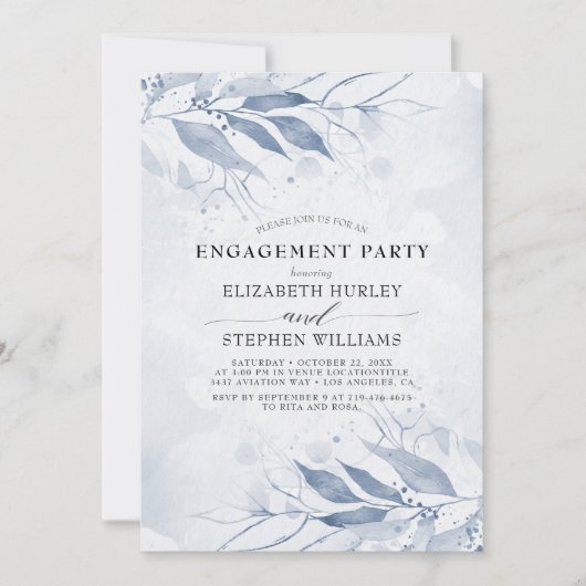Invitation Bleu Aquarelle Feuille Fleurs d'engagement (Devant)