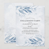 Invitation Bleu Aquarelle Feuille Fleurs d'engagement (Devant / Derrière)