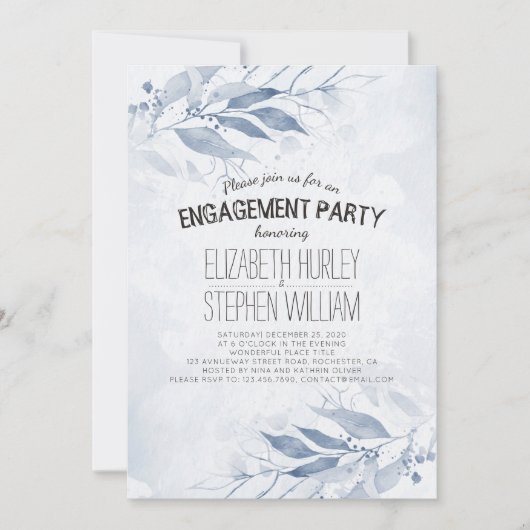 Invitation Bleu Aquarelle Feuille Fleurs d'engagement (Devant)