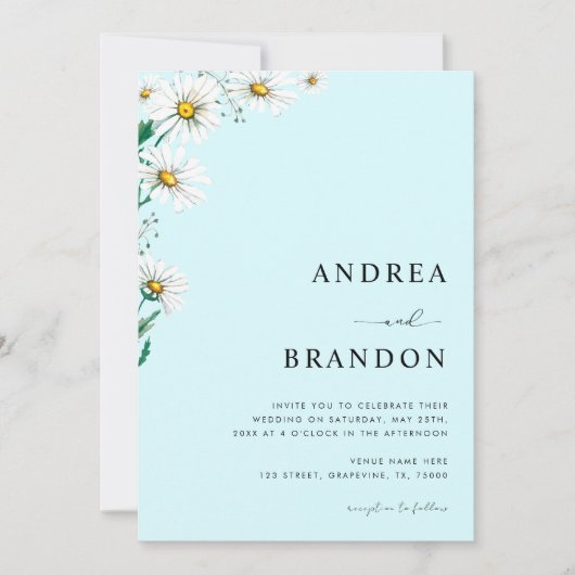 Invitation Bleu Aquarelle Fleur sauvage QR Code Mariage (Devant)