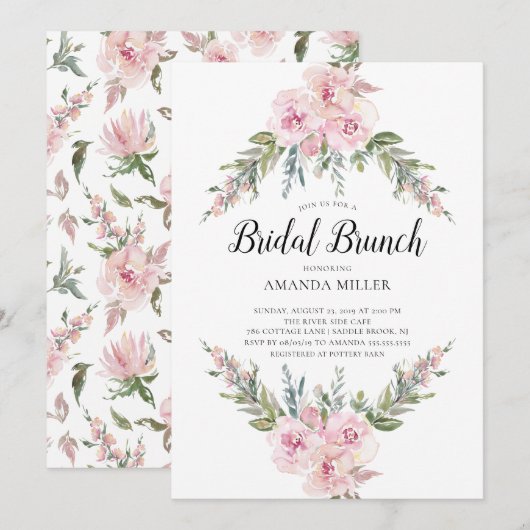 Invitation Bleu aquarelle Floral Bridal Brunch (Devant / Derrière)