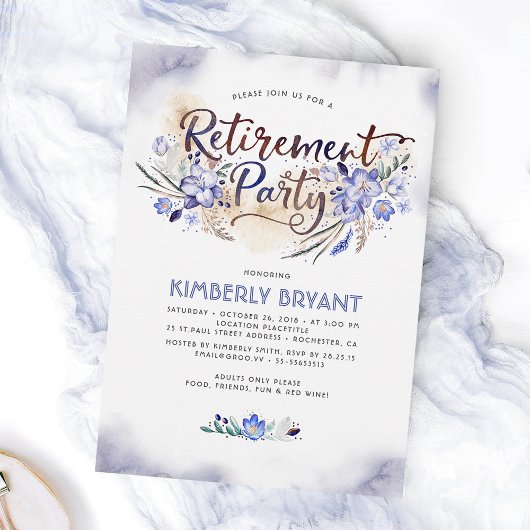 Invitation Bleu Aquarelle Floral Script Retraite