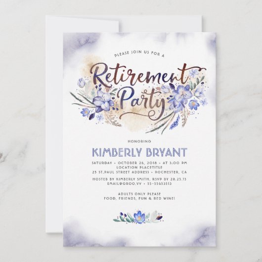 Invitation Bleu Aquarelle Floral Script Retraite (Devant)