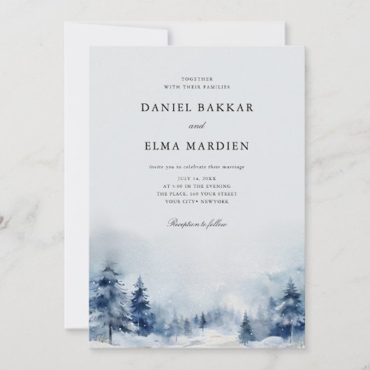 Invitation Bleu Aquarelle hiver pins forêt mariage (Devant)