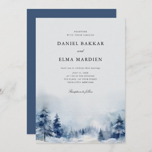 Invitation Bleu Aquarelle hiver pins forêt mariage (Devant / Derrière)