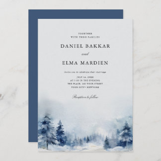 Invitation Bleu Aquarelle hiver pins forêt mariage