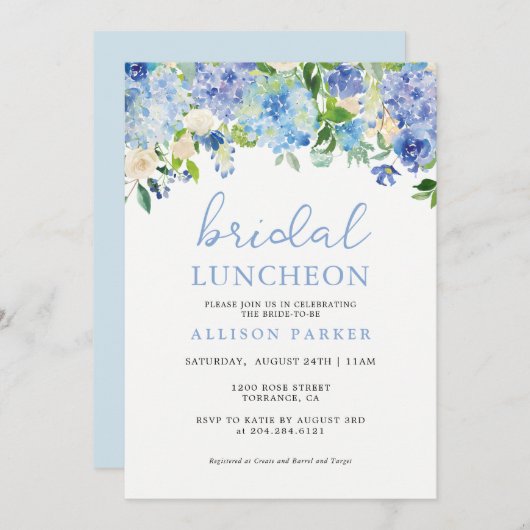 Invitation Bleu aquarelle Hydrangea Floral Bridal Luncheon (Devant / Derrière)