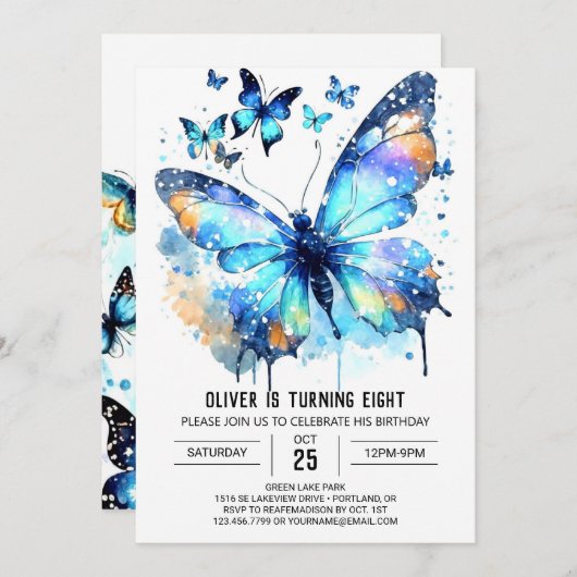 Invitation Bleu Aquarelle Papillon Garçon Anniversaire (Devant / Derrière)