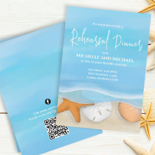 Invitation Bleu aquarelle Plage Dîner de répétition Code QR