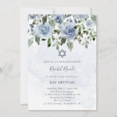 Invitation Bleu Aquarelle Plutôt Dusty Fleurs| Bat mitzvah (Devant)