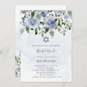 Invitation Bleu Aquarelle Plutôt Dusty Fleurs| Bat mitzvah (Devant / Derrière)