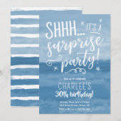 Invitation Bleu Aquarelle Surprise Anniversaire Fête Invitati (Devant / Derrière)