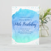 Invitation Bleu aquarelle trait or parties scintillant (Debout devant)
