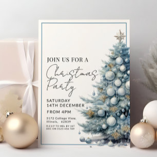 Invitation Bleu Arbre de Noël Argent Baubles Fête
