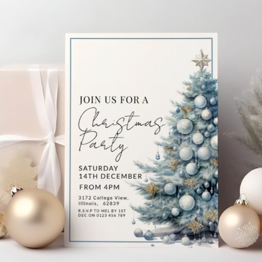 Invitation Bleu Arbre de Noël Argent Baubles Fête