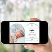 Invitation Bleu arc photo garçon cross Baptême