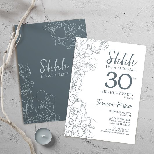 Invitation Bleu ardoise Blanc Botanique Surprise 30e annivers