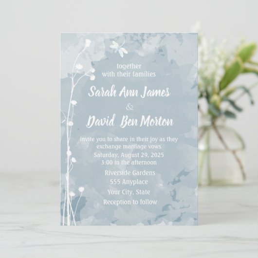 Invitation Bleu ardoise libellule Petit Mariage de fleurs bla (Debout devant)