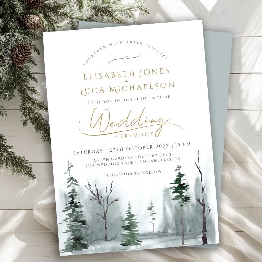 Invitation Bleu ardoise Paysage d'hiver Pine Mariage de bois
