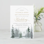 Invitation Bleu ardoise Paysage d'hiver Pine Mariage de bois (Debout devant)