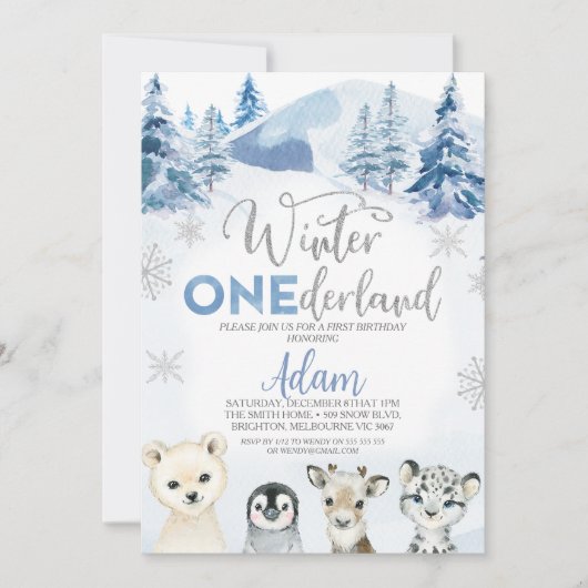 Invitation Bleu Argent Animaux d'hiver Onederland 1er anniver (Devant)
