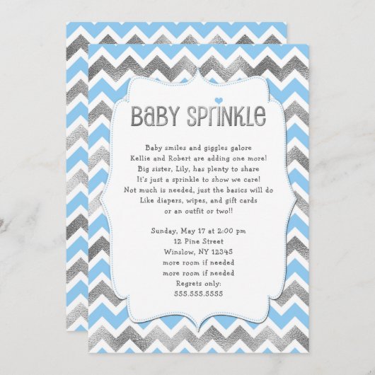 Invitation Bleu Argent Bébé Sprinkle garçon baby shower invit (Devant / Derrière)