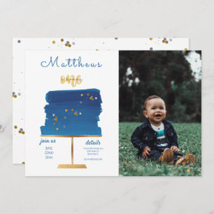 Invitation Bleu, argent et or Photo Premier anniversaire