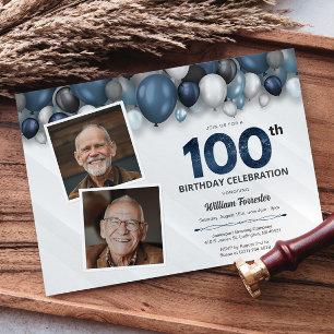 Invitation Bleu argent noir et blanc 100e anniversaire 2 phot