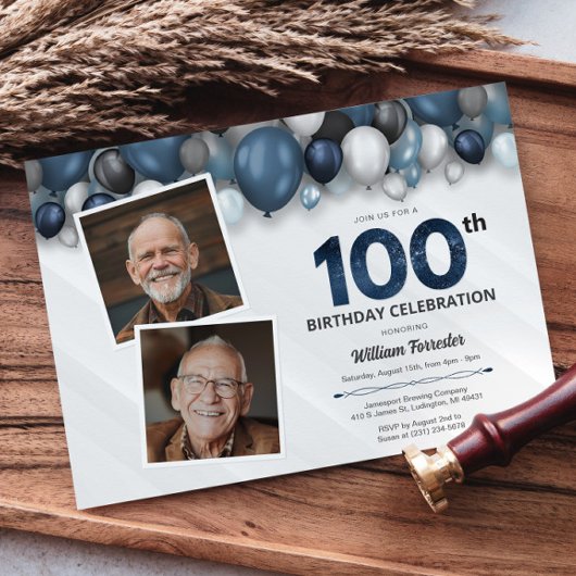 Invitation Bleu argent noir et blanc 100e anniversaire 2 phot