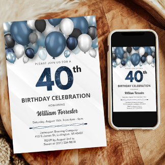 Invitation Bleu Argent noir et blanc 40e anniversaire Invitat