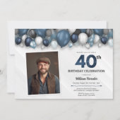 Invitation Bleu argent noir et blanc 40e anniversaire Photo (Devant)