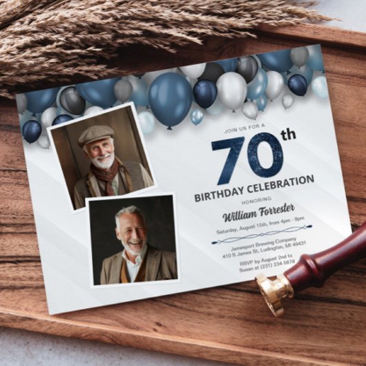 Invitation Bleu Argent noir et blanc 70e anniversaire 2 photo