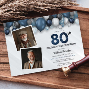 Invitation Bleu Argent Noir et Blanc 80e Anniversaire 2 Photo