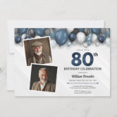Invitation Bleu Argent Noir et Blanc 80e Anniversaire 2 Photo (Devant)
