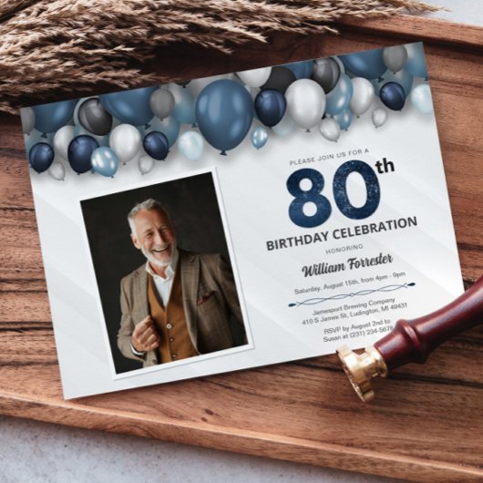 Invitation Bleu argent noir et blanc 80e anniversaire Photo
