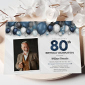 Invitation Bleu argent noir et blanc 80e anniversaire Photo