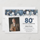 Invitation Bleu argent noir et blanc 80e anniversaire Photo (Devant)