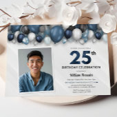 Invitation Bleu argent noir et blanc photo 25e anniversaire