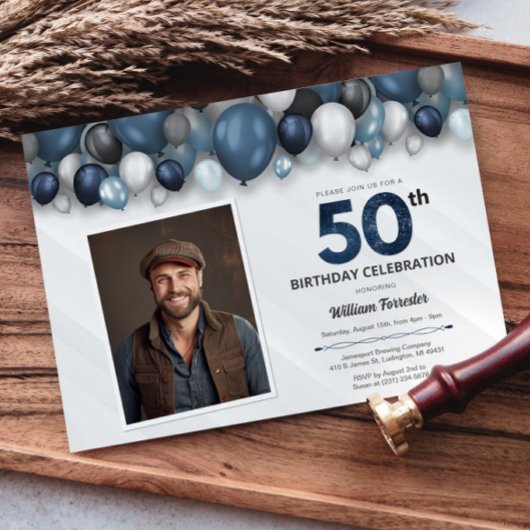 Invitation Bleu argent noir et blanc photo 50e anniversaire
