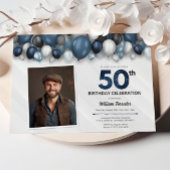 Invitation Bleu argent noir et blanc photo 50e anniversaire