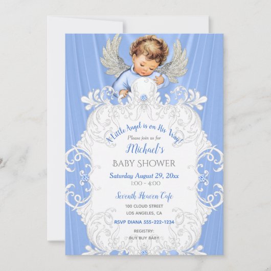 Invitation Bleu Argent Peau Claire Bébé Ange (Devant)