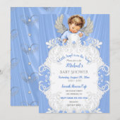 Invitation Bleu Argent Peau Claire Bébé Ange (Devant / Derrière)