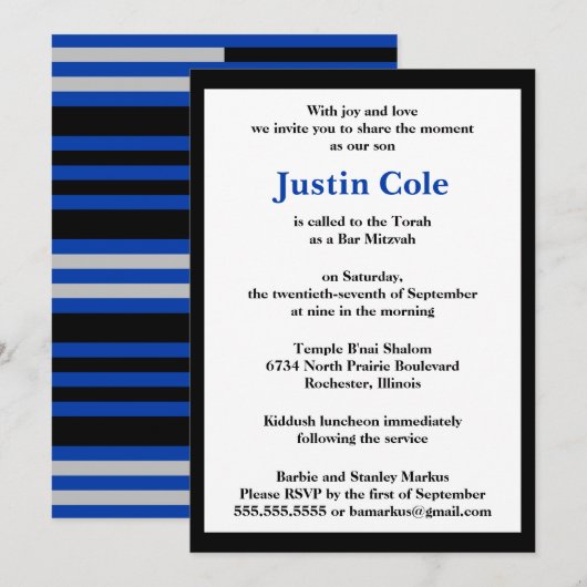 Invitation Bleu/Argent sur Black Bar Mitzvah (Devant / Derrière)