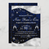 Invitation Bleu & Argent Vague Bordure Nouvel An de la fête d (Devant / Derrière)