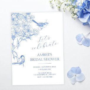 Invitation Bleu artistique botanique oiseau douche de mariage