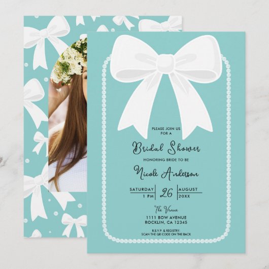 Invitation Bleu avec perles et nœuds blancs Fête de mariage c (Devant / Derrière)