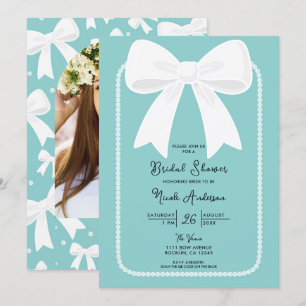 Invitation Bleu Avec Perles Nœuds Blancs Coquette Baby Shower